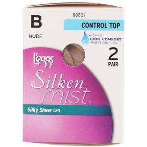 L'eggs Silken Mist Control Top Pantyhose Nude Sz B Sheer Toe Silky Sheer Leg 2Ct